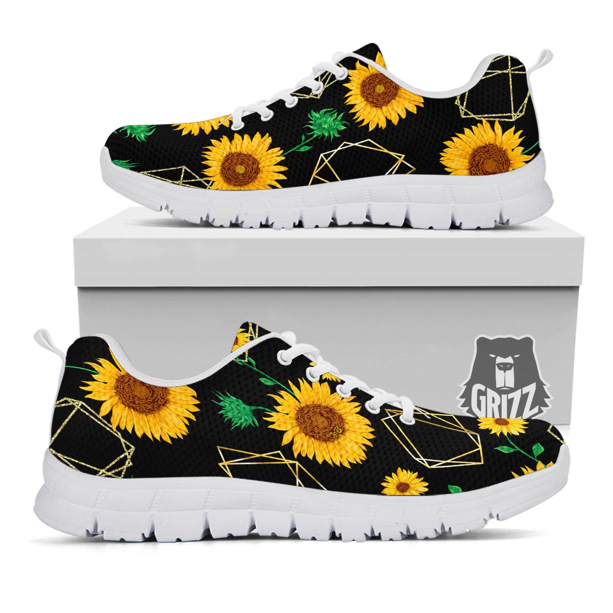 Polygonal Sunflower Print Pattern White Sneaker-grizzshop