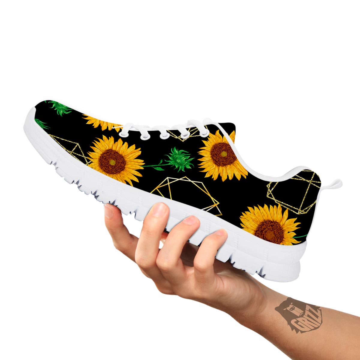 Polygonal Sunflower Print Pattern White Sneaker-grizzshop