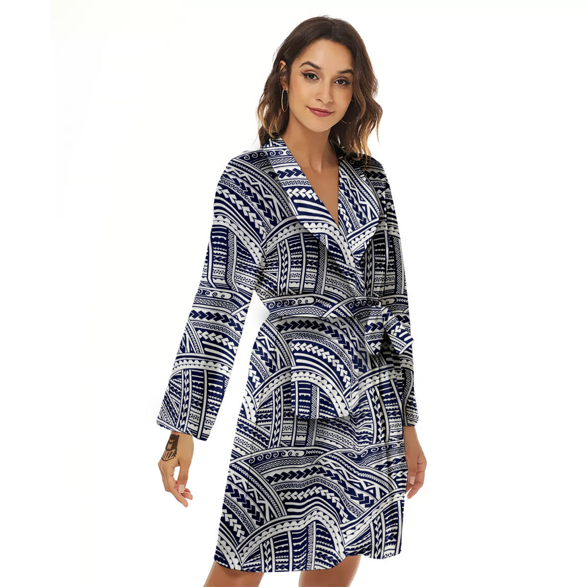 Polynesian Tattoo Blue Maori Print Women's Robe-grizzshop