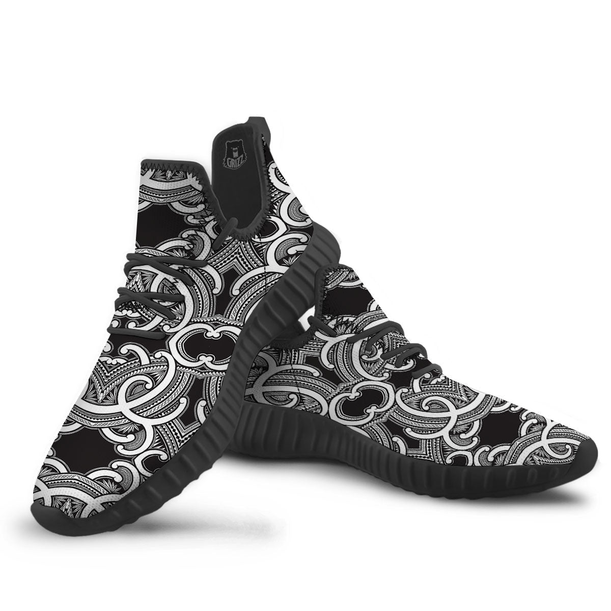 Polynesian Tattoo White And Black Print Black Walking Shoes-grizzshop