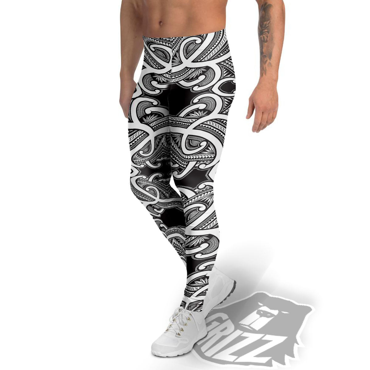 Polynesian Tattoo White And Black Print Men's Leggings-grizzshop