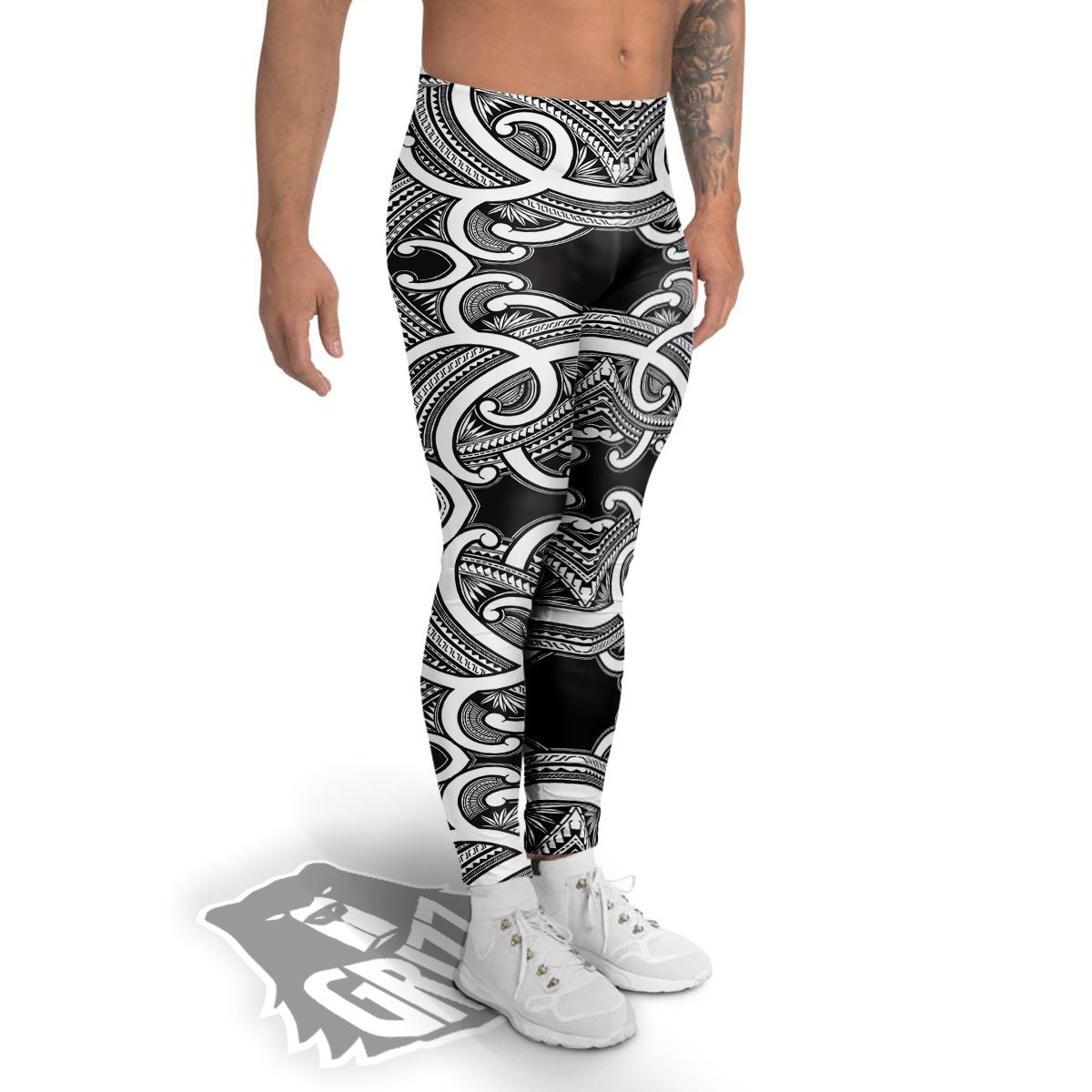 Polynesian Tattoo White And Black Print Men's Leggings-grizzshop