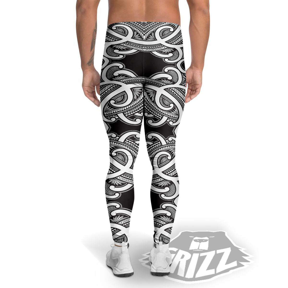 Polynesian Tattoo White And Black Print Men's Leggings-grizzshop