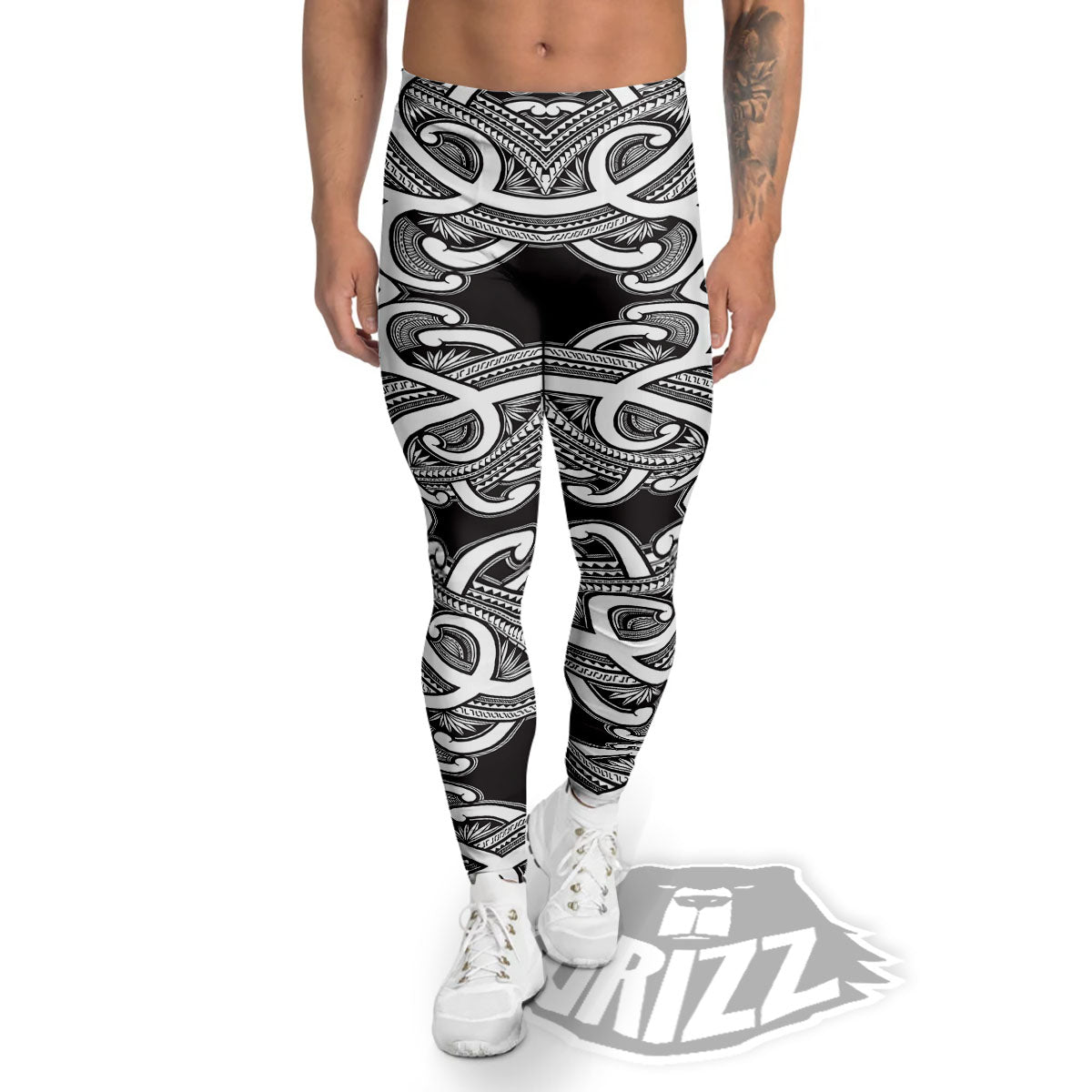 Polynesian Tattoo White And Black Print Men's Leggings-grizzshop