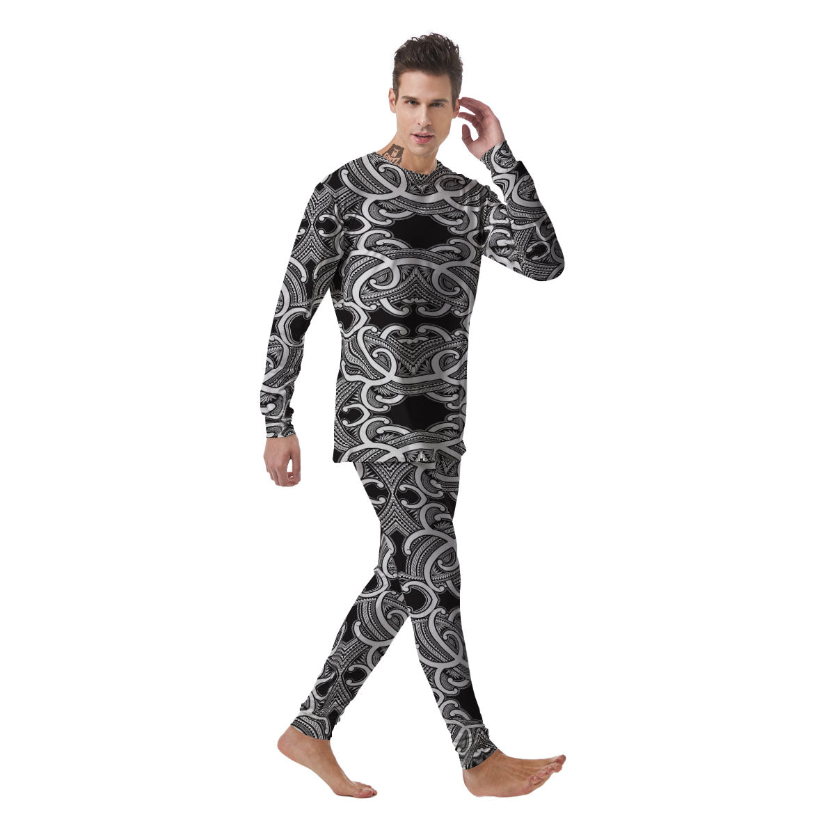 Polynesian Tattoo White And Black Print Men's Pajamas-grizzshop