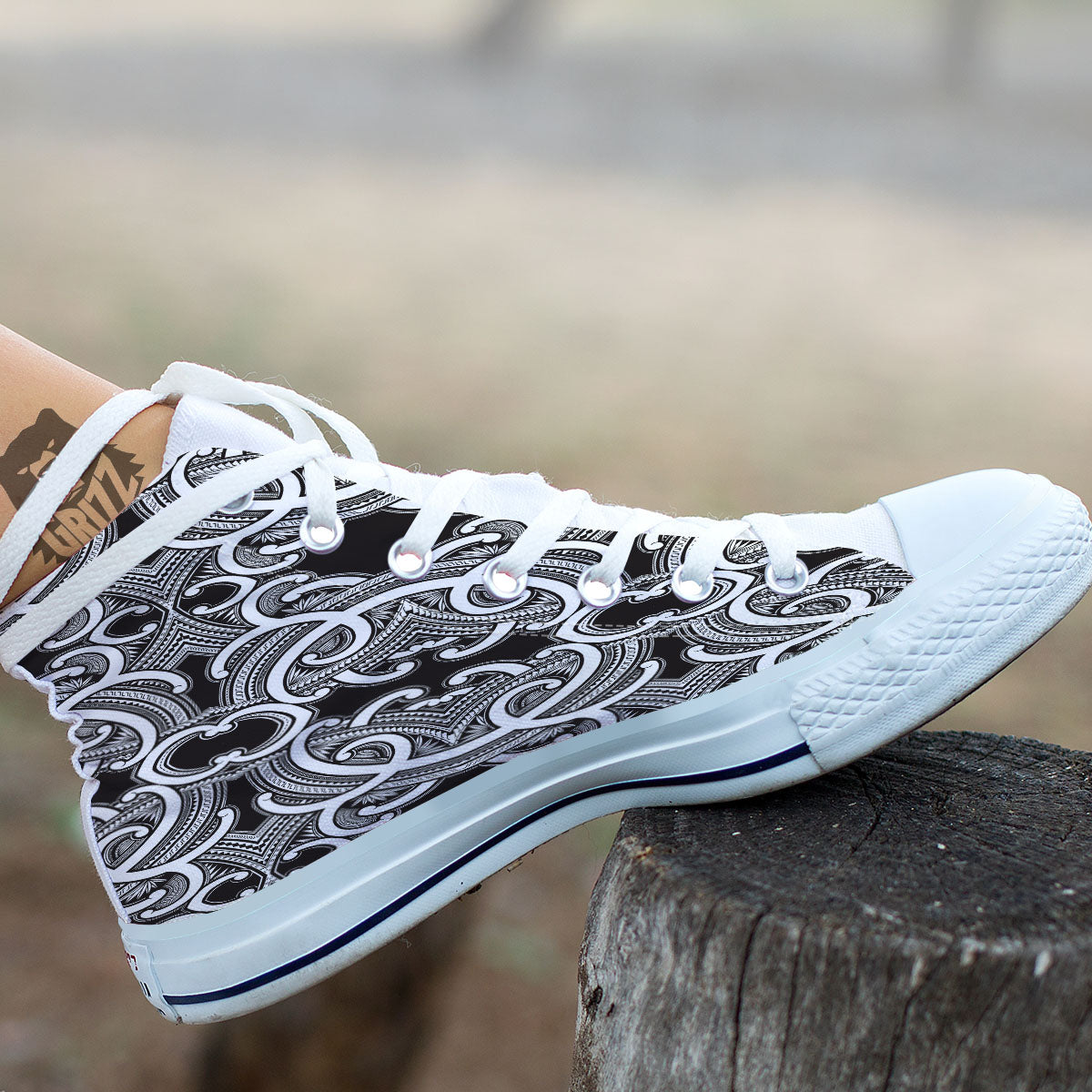 Polynesian Tattoo White And Black Print White High Top Shoes-grizzshop