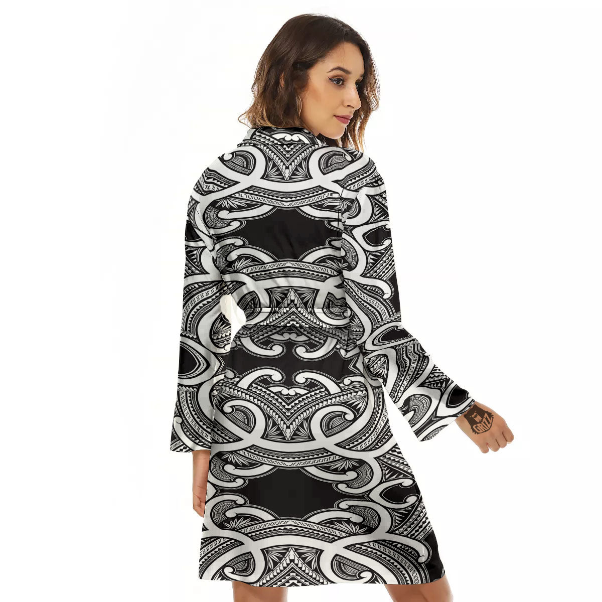 Polynesian Tattoo White And Black Print Women's Robe-grizzshop