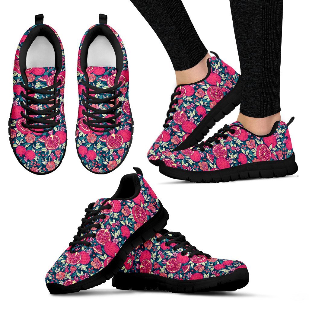 Pomegranate Floral Pattern Print Black Sneaker Shoes For Men Women-grizzshop