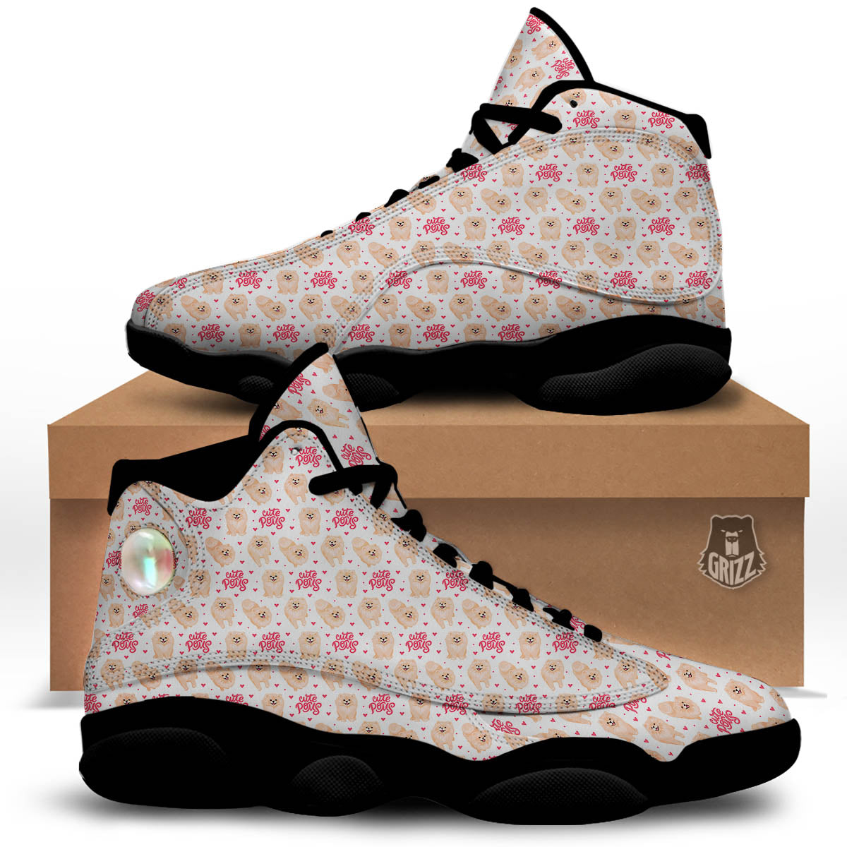 Pomeranian Cartoon Print Pattern Black Basketball Shoes-grizzshop