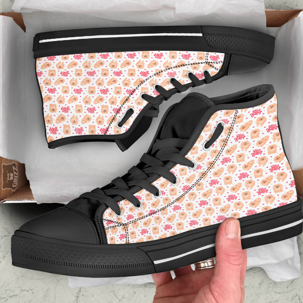 Pomeranian Cartoon Print Pattern Black High Top Shoes-grizzshop