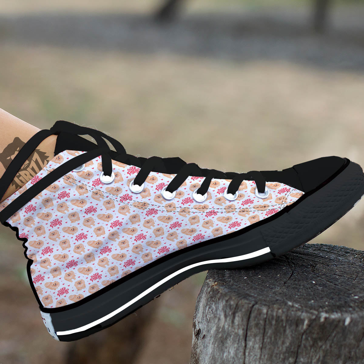 Pomeranian Cartoon Print Pattern Black High Top Shoes-grizzshop