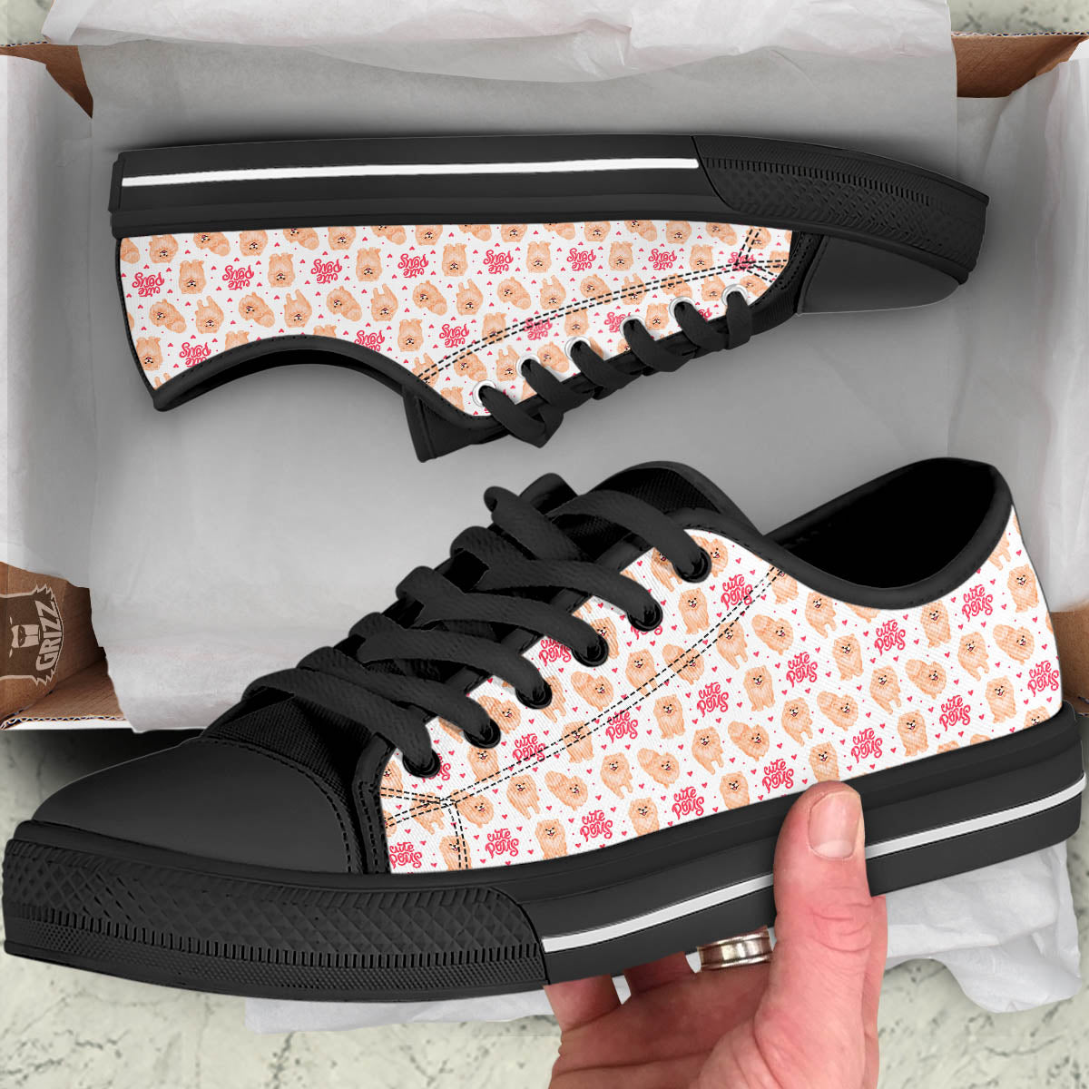 Pomeranian Cartoon Print Pattern Black Low Top Shoes-grizzshop
