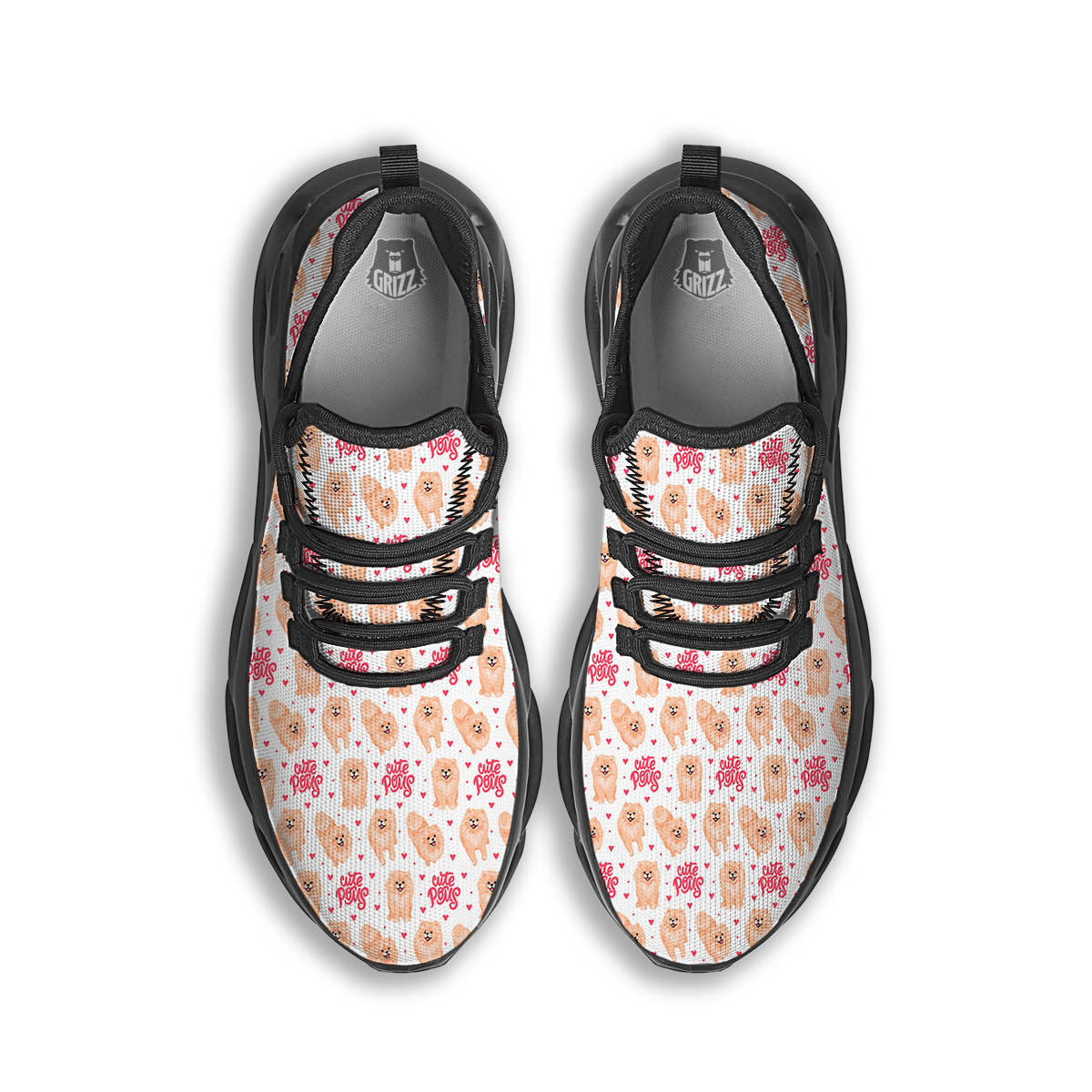 Pomeranian Cartoon Print Pattern Black Running Shoes-grizzshop