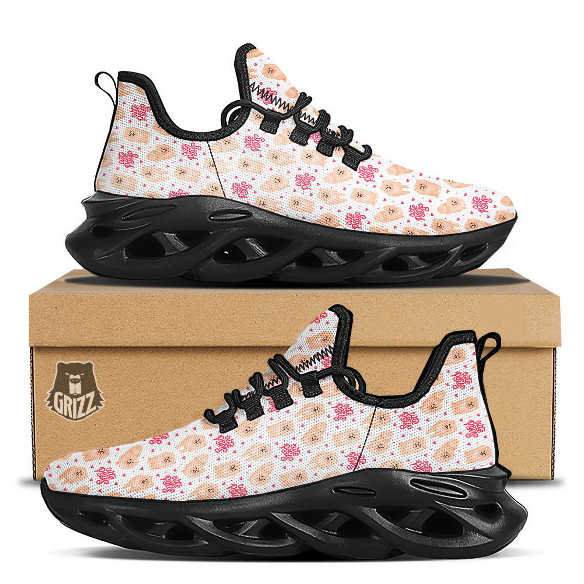 Pomeranian Cartoon Print Pattern Black Running Shoes-grizzshop