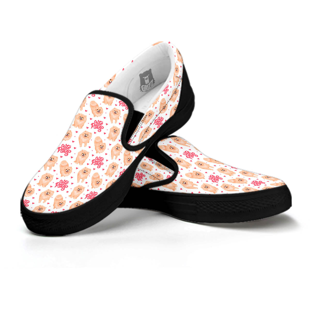 Pomeranian Cartoon Print Pattern Black Slip On Shoes-grizzshop