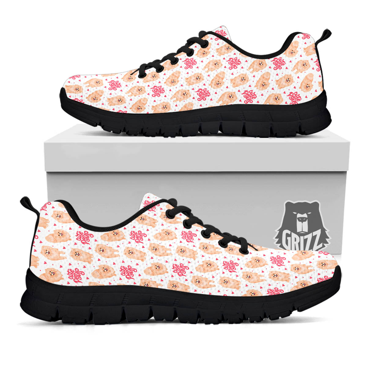 Pomeranian Cartoon Print Pattern Black Sneaker-grizzshop