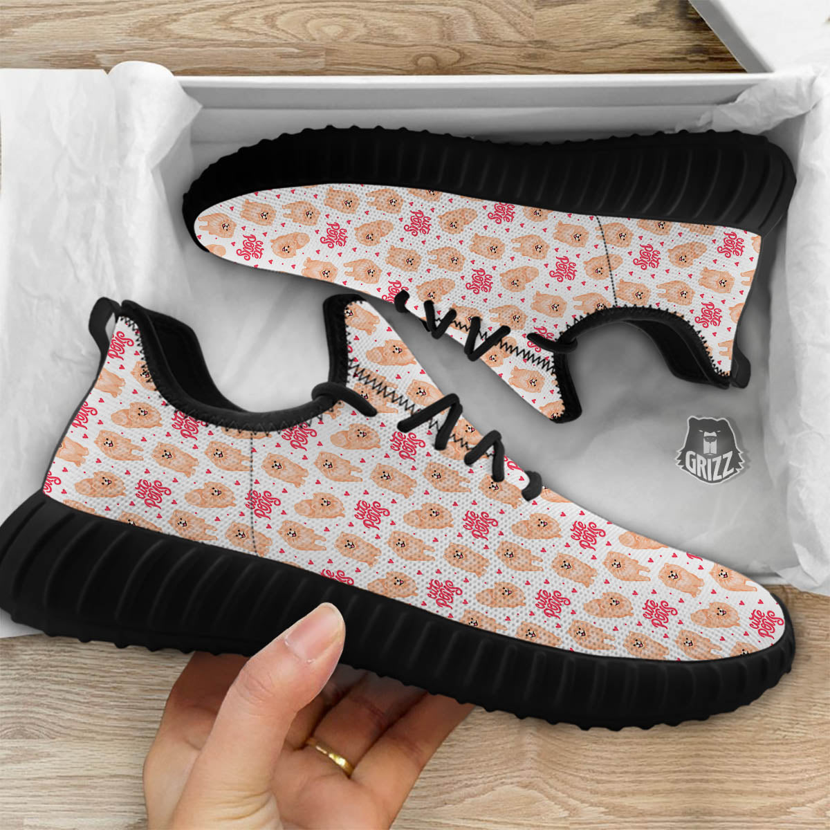 Pomeranian Cartoon Print Pattern Black Walking Shoes-grizzshop