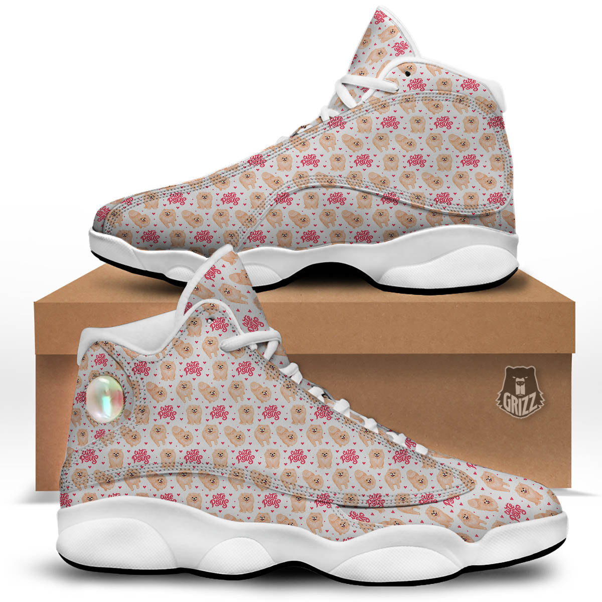 Pomeranian Cartoon Print Pattern White Basketball Shoes-grizzshop