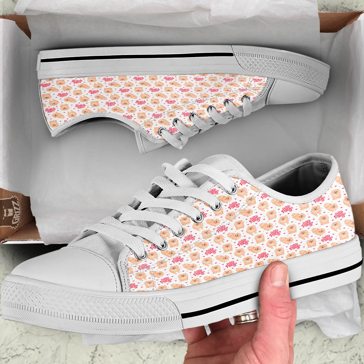 Pomeranian Cartoon Print Pattern White Low Top Shoes-grizzshop