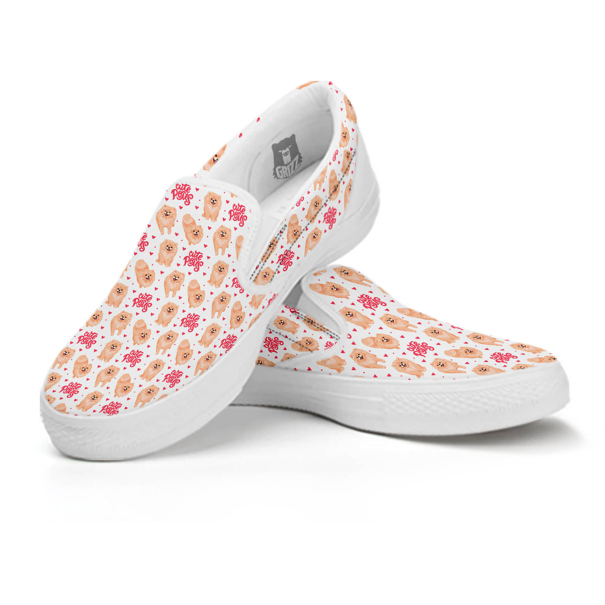 Pomeranian Cartoon Print Pattern White Slip On Shoes-grizzshop