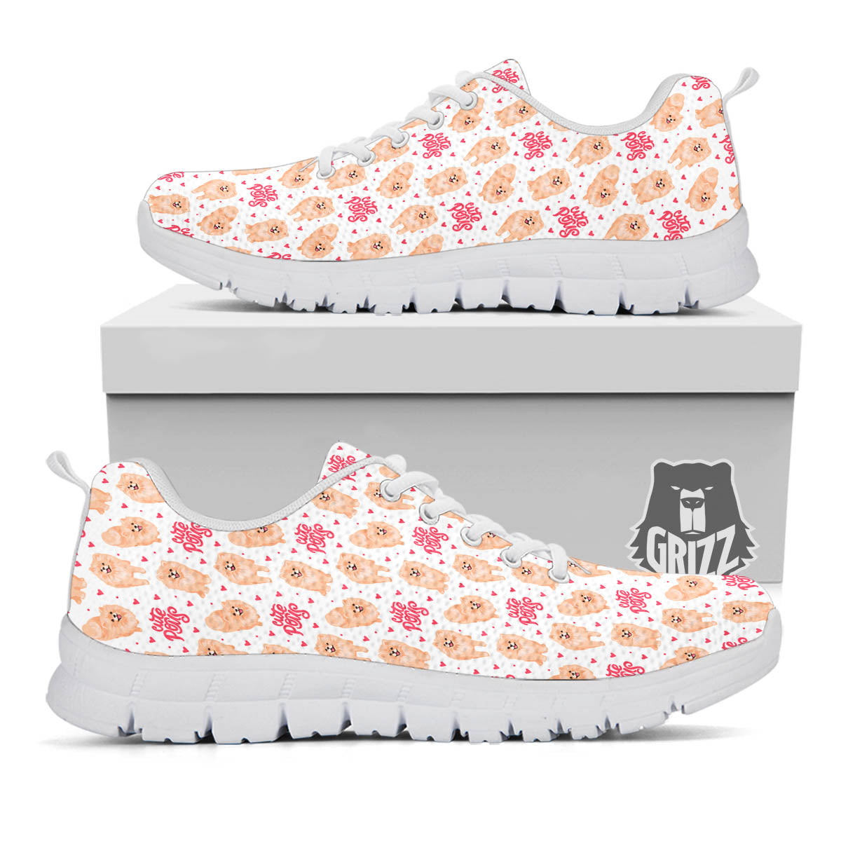 Pomeranian Cartoon Print Pattern White Sneaker-grizzshop