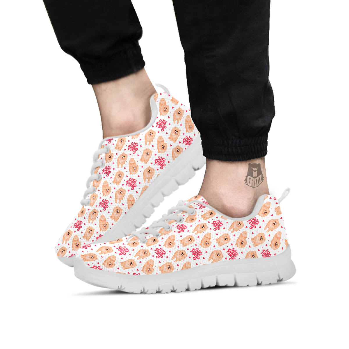 Pomeranian Cartoon Print Pattern White Sneaker-grizzshop