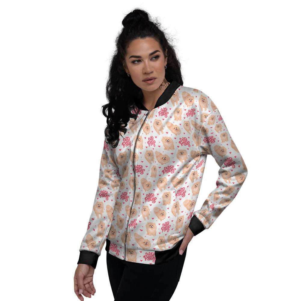 Pomeranian Cartoon Print Pattern Women's Bomber Jacket-grizzshop