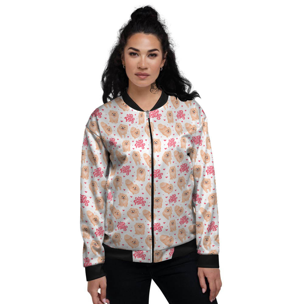 Pomeranian Cartoon Print Pattern Women's Bomber Jacket-grizzshop