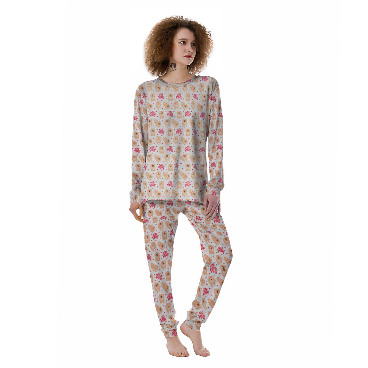 Pomeranian Cartoon Print Pattern Women's Pajamas-grizzshop
