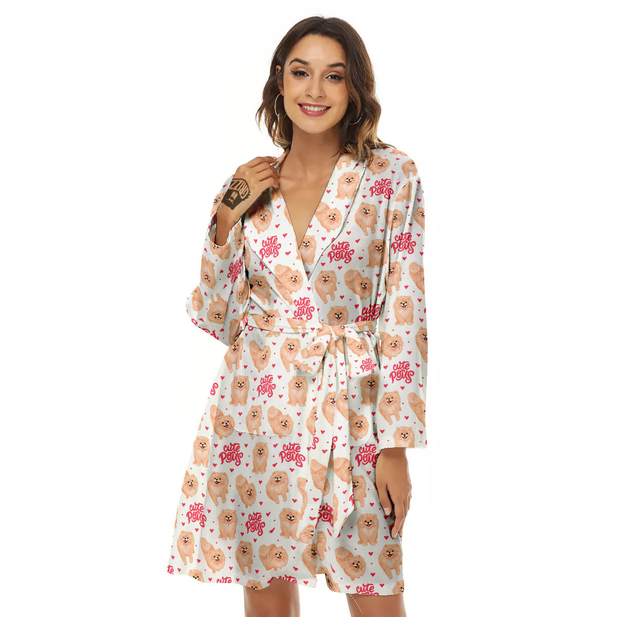 Pomeranian Cartoon Print Pattern Women's Robe-grizzshop