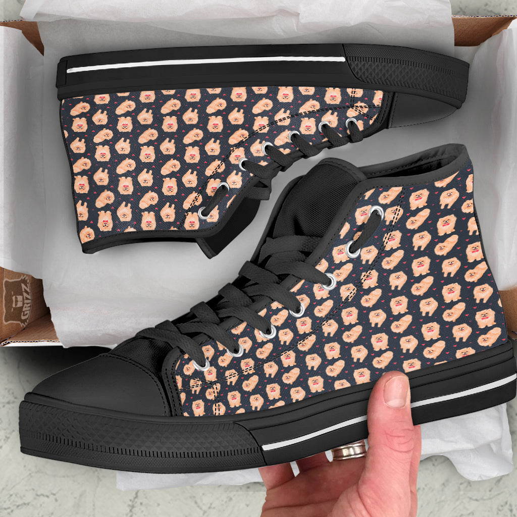 Pomeranian Cute Print Pattern Black High Top Shoes-grizzshop