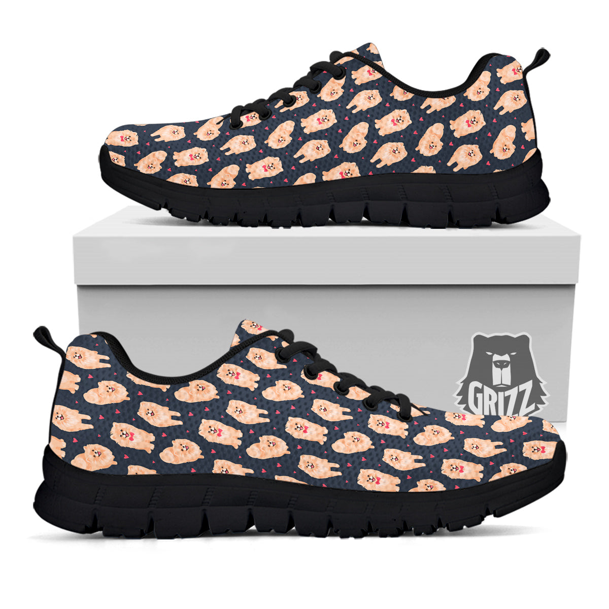 Pomeranian Cute Print Pattern Black Sneaker-grizzshop
