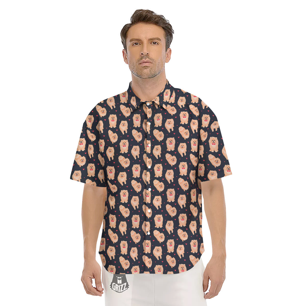 Pomeranian Cute Print Pattern Men's Short Sleeve Shirts-grizzshop