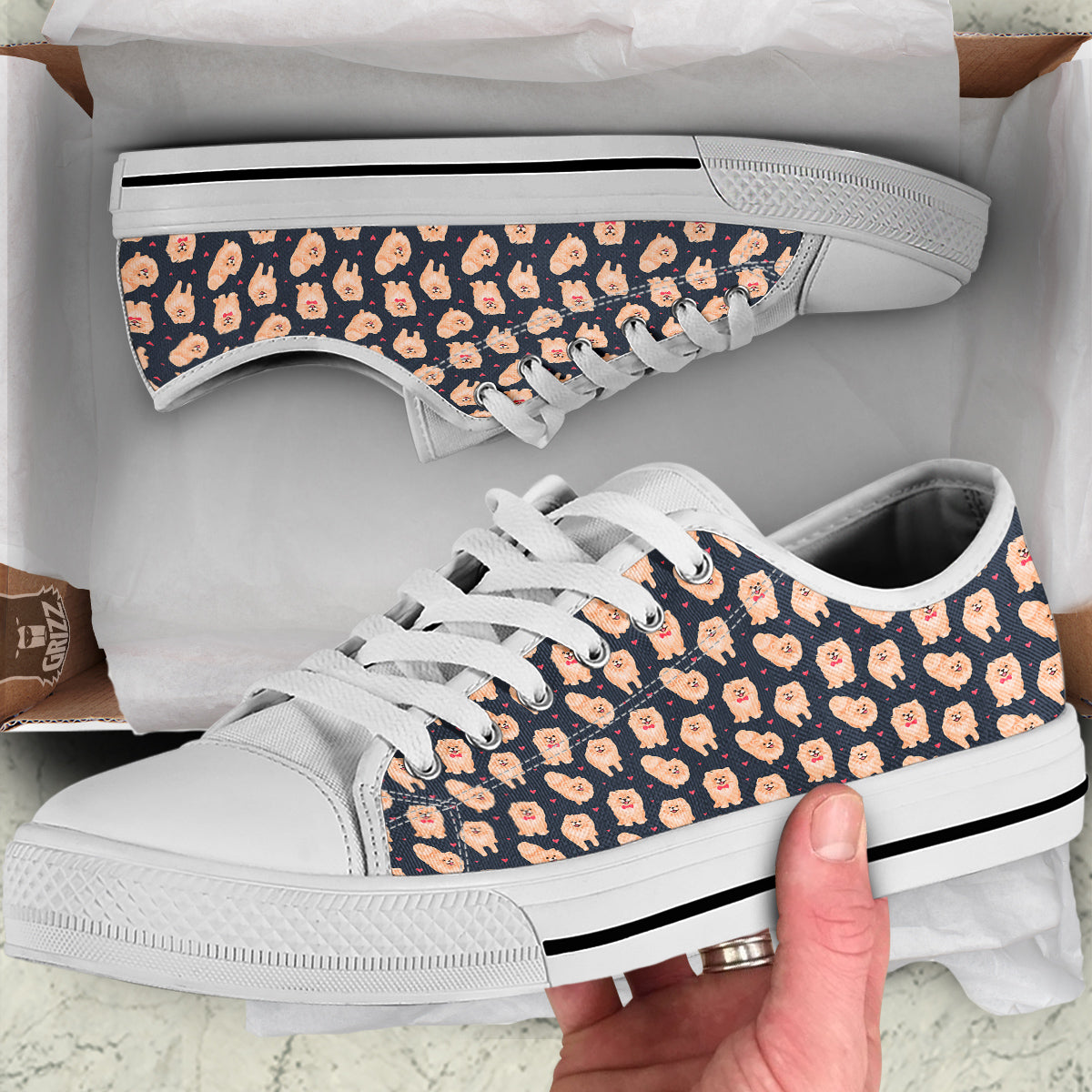 Pomeranian Cute Print Pattern White Low Top Shoes-grizzshop