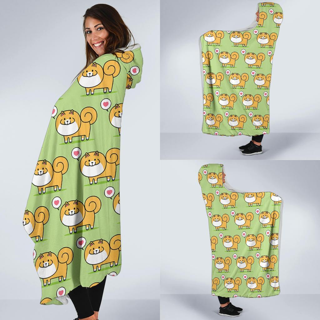 Pomeranian Dog Pattern Print Hooded Blanket-grizzshop