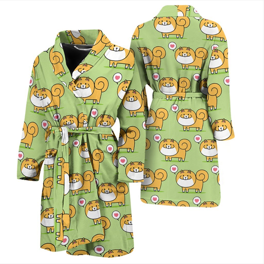 Pomeranian Dog Pattern Print Men Long Robe-grizzshop