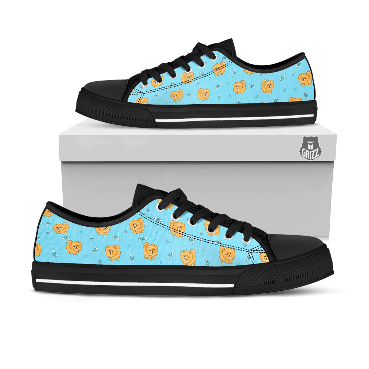 Pomeranian Little Print Pattern Black Low Top Shoes-grizzshop