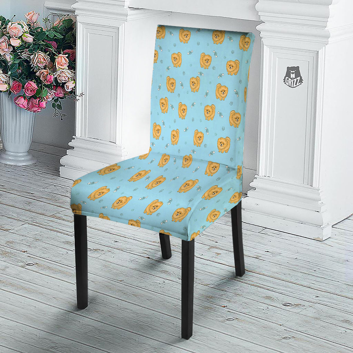 Pomeranian Little Print Pattern Dining Chair Slipcover-grizzshop