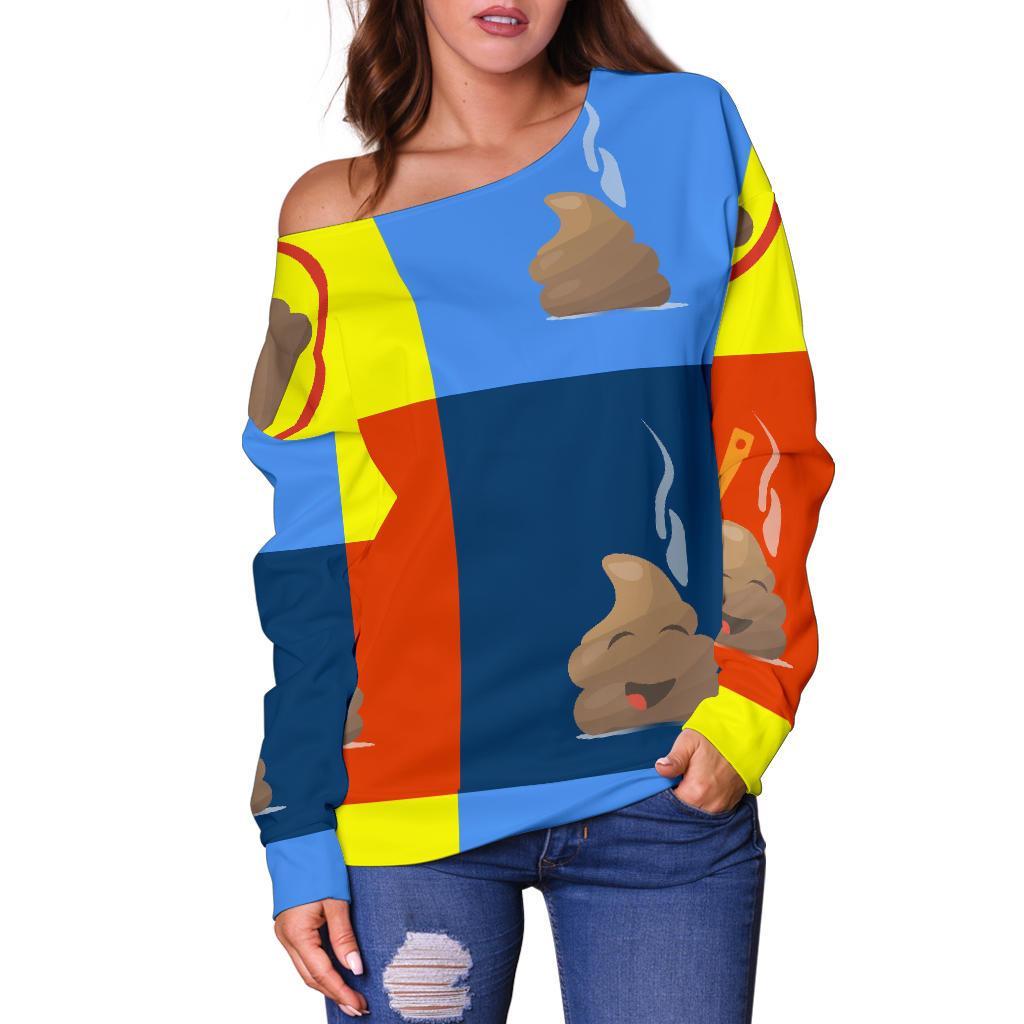 Poop Emoji Pattern Print Women Off Shoulder Sweatshirt-grizzshop