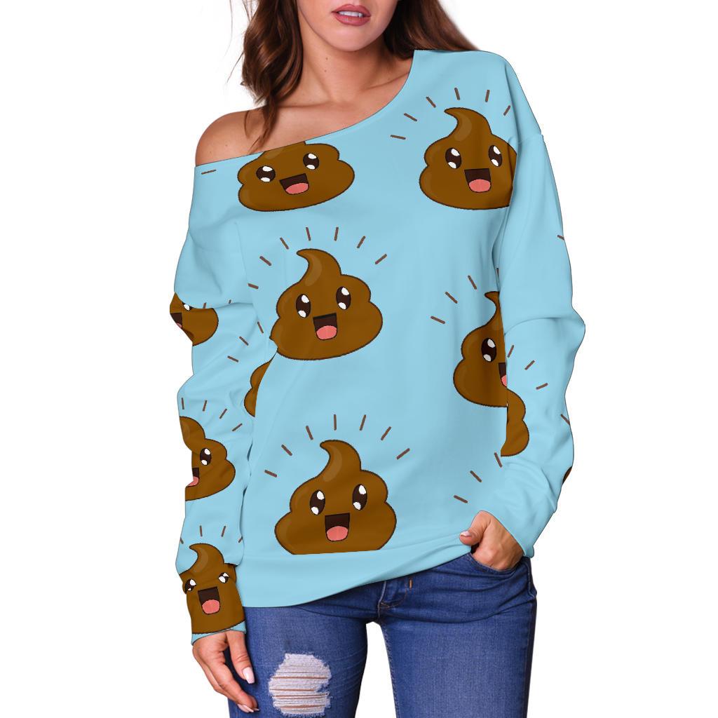 Poop Emoji Print Pattern Women Off Shoulder Sweatshirt-grizzshop