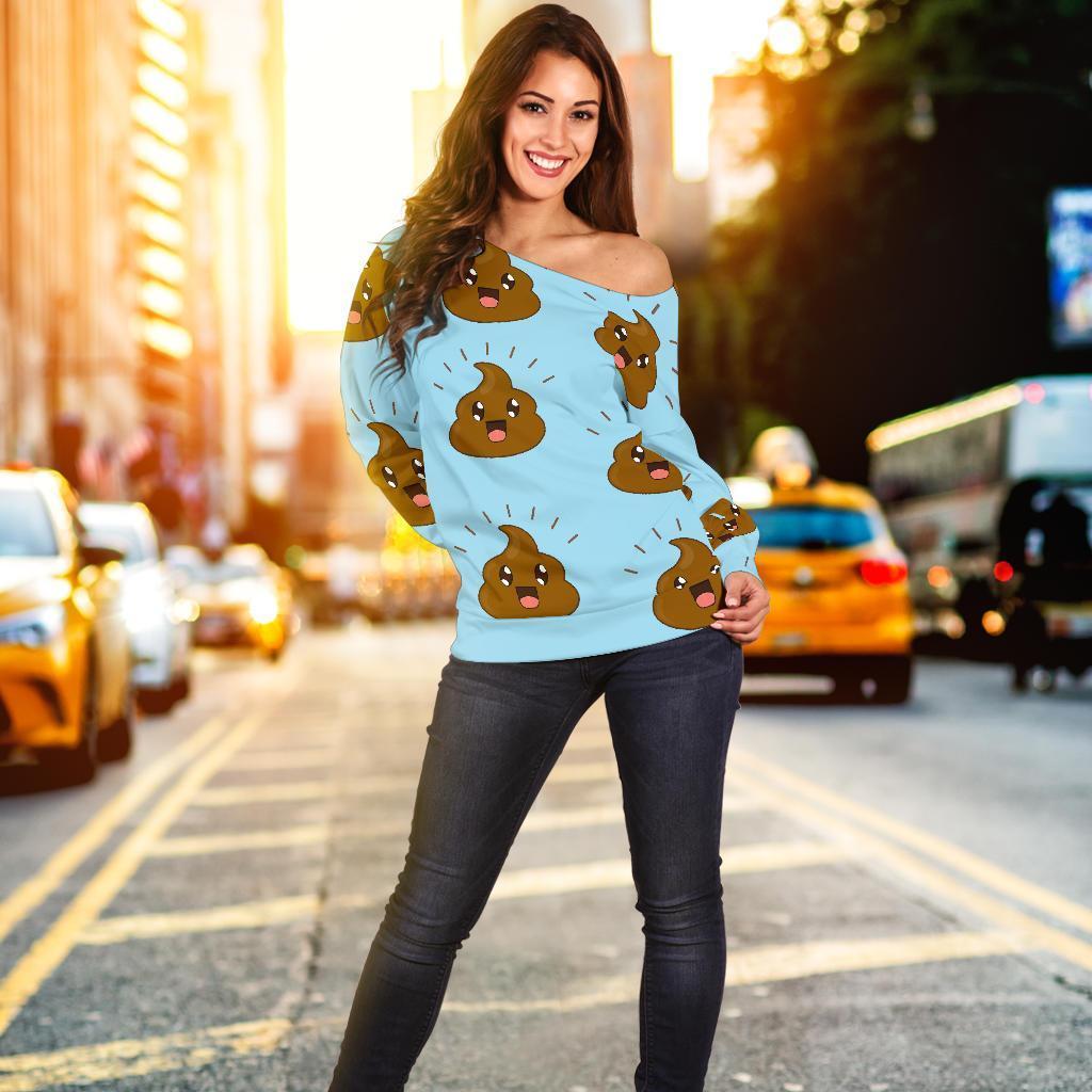 Poop Emoji Print Pattern Women Off Shoulder Sweatshirt-grizzshop