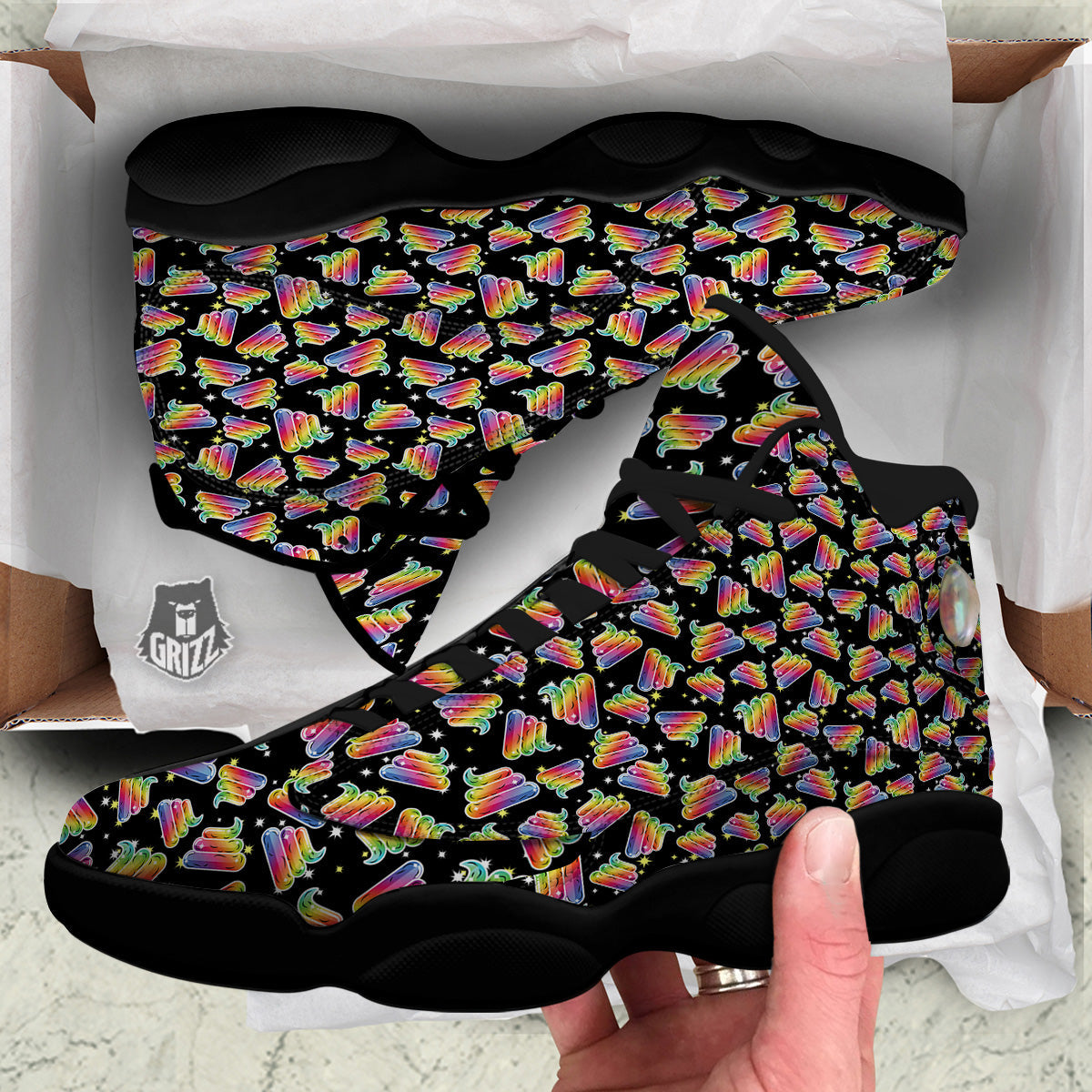 Poop Rainbow Cute Print Pattern Black Basketball Shoes-grizzshop