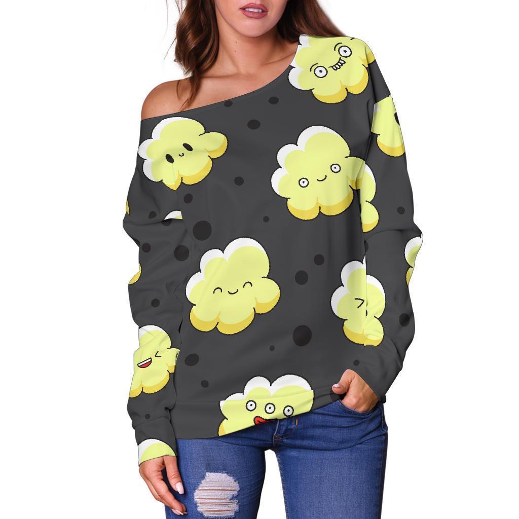 Popcorn Cartoon Pattern Print Women Off Shoulder Sweatshirt-grizzshop