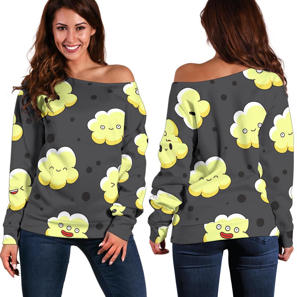 Popcorn Cartoon Pattern Print Women Off Shoulder Sweatshirt-grizzshop