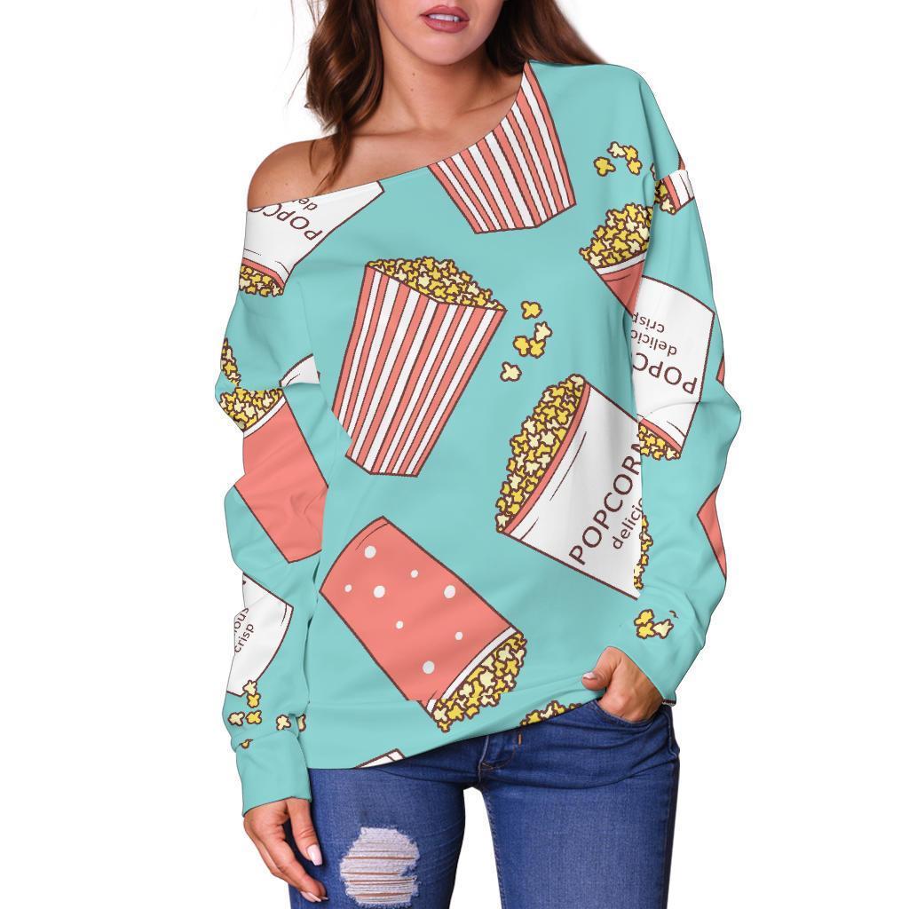Popcorn Pastel Pattern Print Women Off Shoulder Sweatshirt-grizzshop