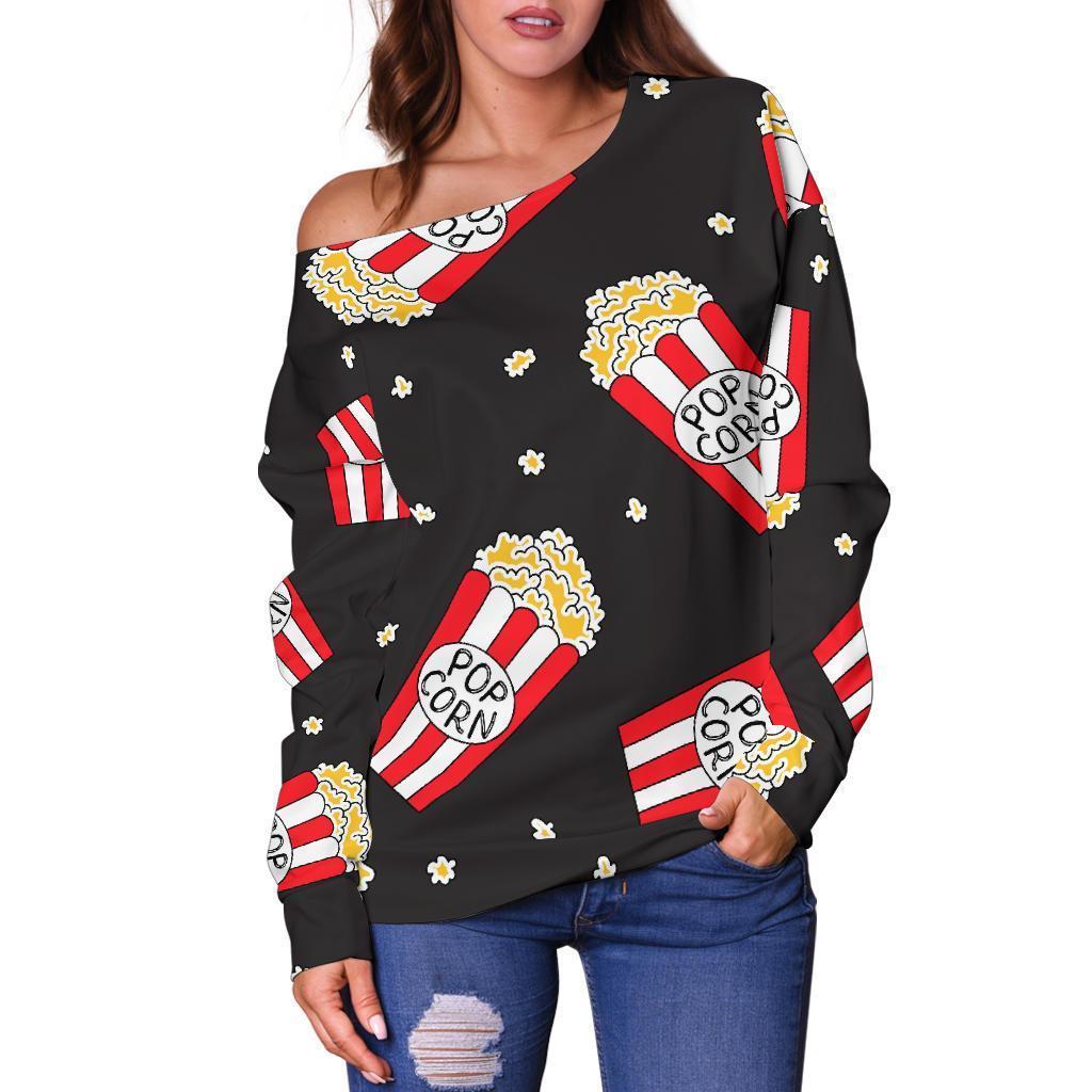 Popcorn Print Pattern Women Off Shoulder Sweatshirt-grizzshop