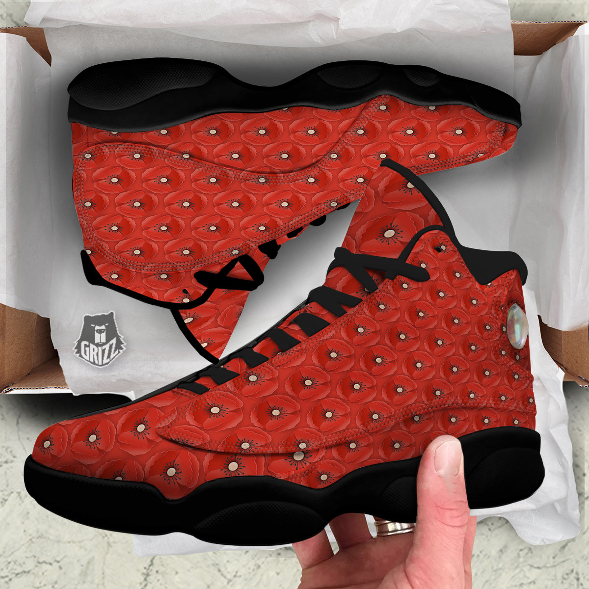 Poppy Armistice Day Print Pattern Black Basketball Shoes-grizzshop