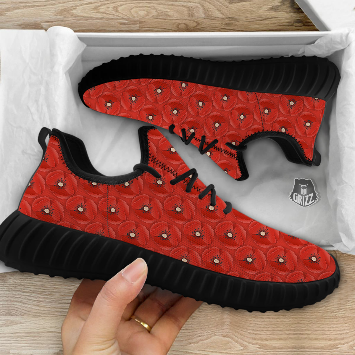 Poppy Armistice Day Print Pattern Black Walking Shoes-grizzshop