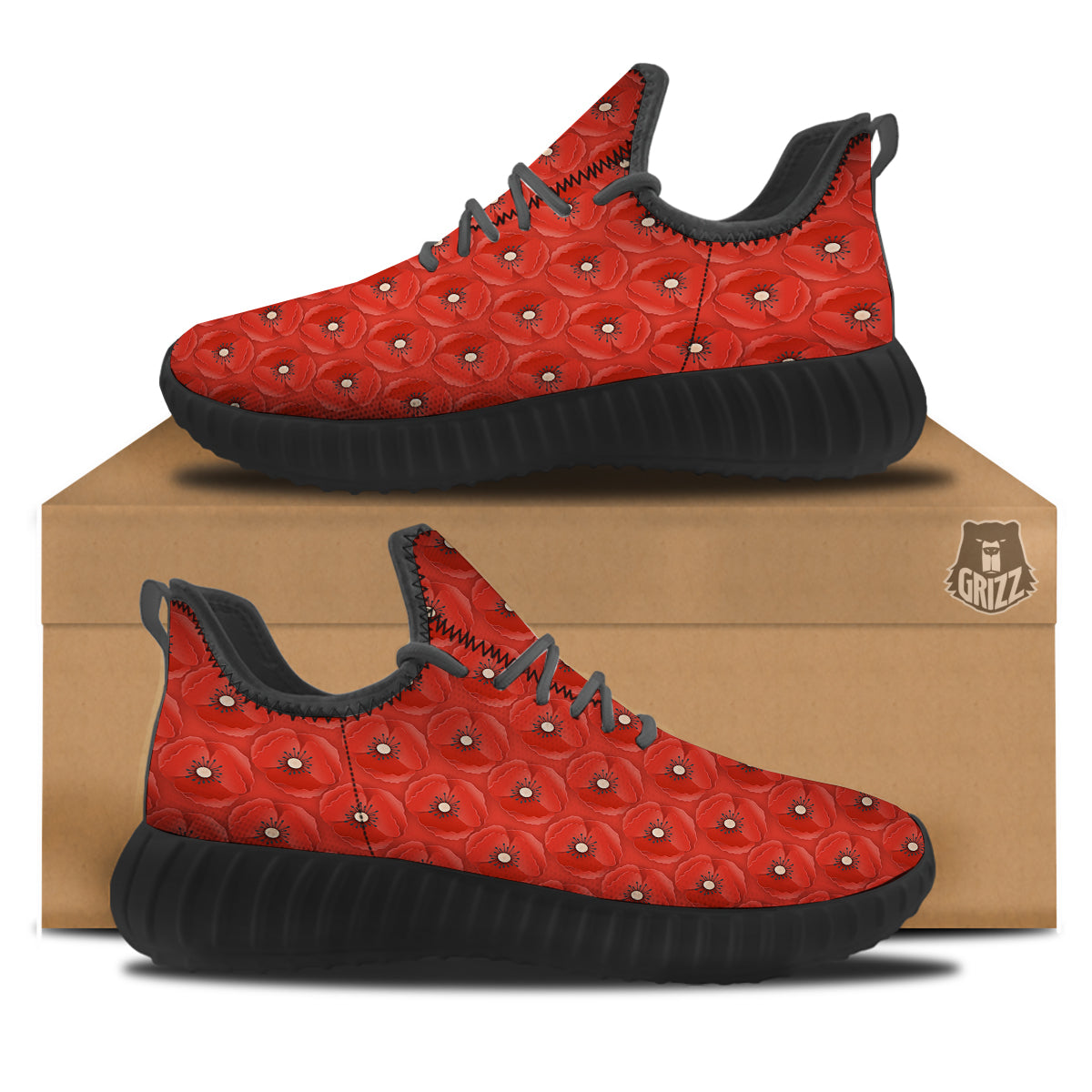 Poppy Armistice Day Print Pattern Black Walking Shoes-grizzshop