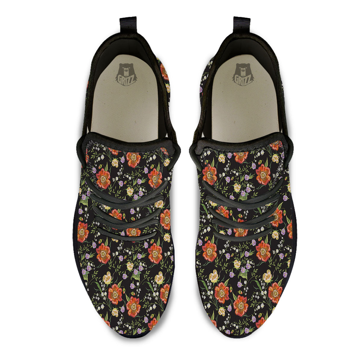 Poppy Embroidery Print Pattern Black Athletic Shoes-grizzshop